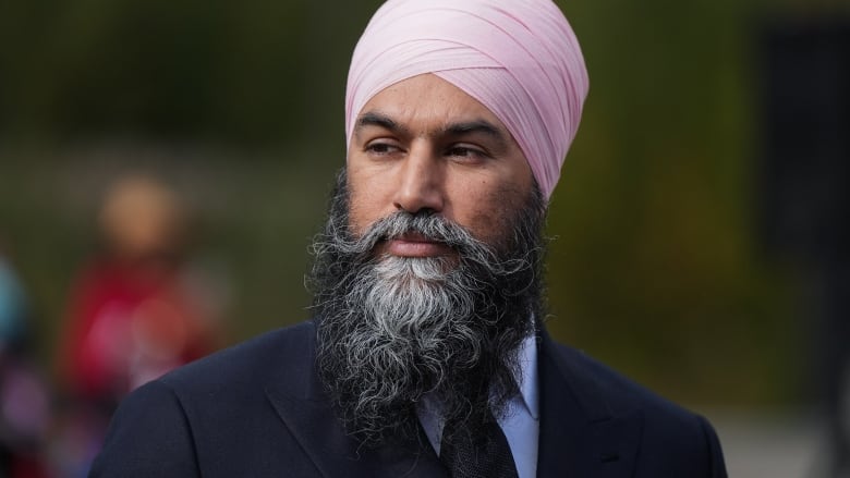 NDP Leader Jagmeet Singh arrives for a homecoming celebration for the House of Ni'isjoohl memorial totem at the Nisga'a Nation, in Laxgalts'ap, B.C., Friday, Sept. 29, 2023. The totem, on display in the National Museum of Scotland in Edinburgh since 1930, was returned to the Nass Valley, which is about 1,400 kilometres northwest of Vancouver, after a journey that included a flight aboard a Canadian Armed Forces aircraft. THE CANADIAN PRESS/Darryl Dyck