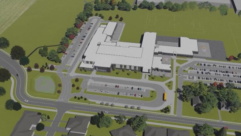 A rendering of a school building and surrounding area.