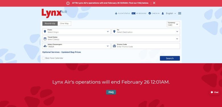 A flight booking web page shows red bars that read: Lynx Air's operations will end Feb. 26, 2024.