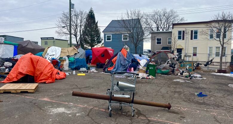 A tent encampment for unhoused people. 