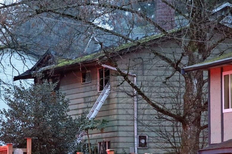 A ladder is seen leaning against a house, up through the window of the second floor. 