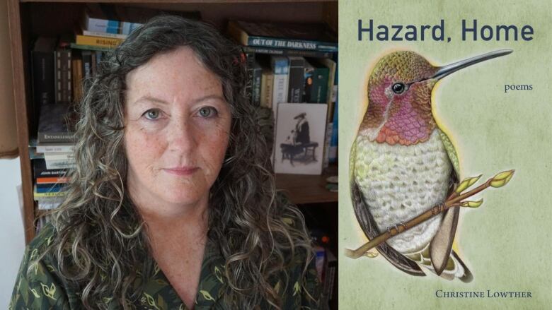 The author photo: a woman in front of a wooden bookshelf next to a lamp. She has long curly grey hair and freckles on her face. And the book cover: an illustration of a robin bird.