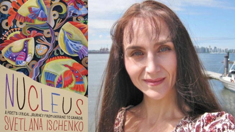 A book cover of colourful birds and flowers. A white woman with bangs in front of a city skyline by the water. 