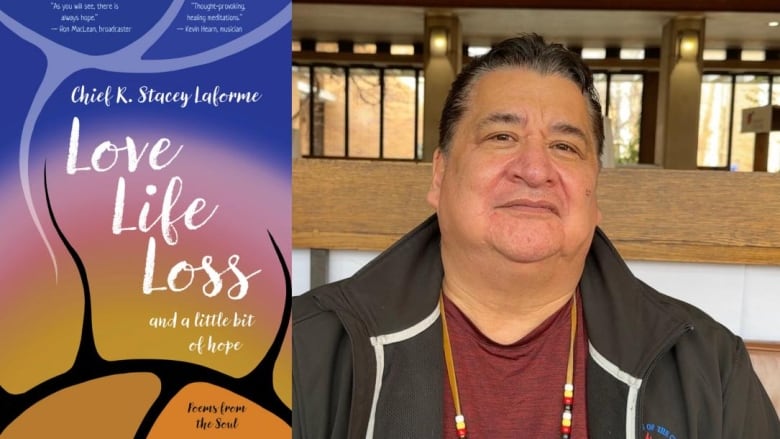 A blue, pink and orange book cover. A man with grey/black hair wearing a beaded necklace. 