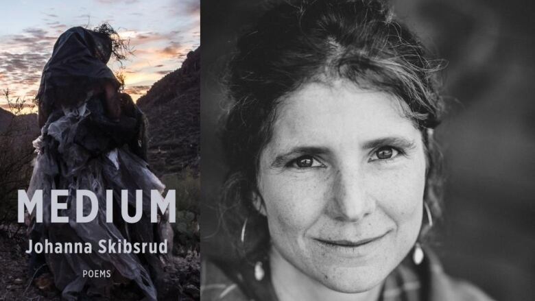 A book cover of a person in a very pouffy dress in the wilderness. A black and white image of a woman with curly hair in a ponytail. 