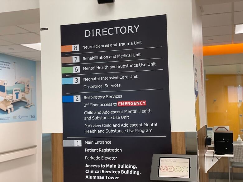 Black sign with white text in hospital entrance