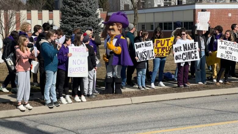 The GECDSB's decison making around the new Kingsville school name prompted students to rally outside Kingsville District High School on Friday, Feb. 23, 2024.