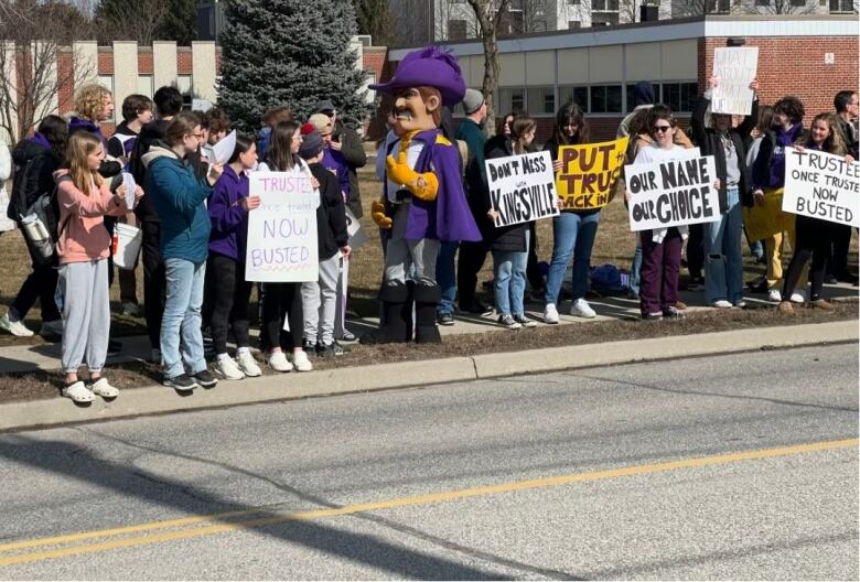 The GECDSB's decison making around the new Kingsville school name prompted students to rally outside Kingsville District High School on Friday, Feb. 23, 2024.