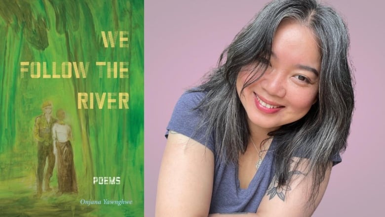 An abstract book cover of two people in a green forest. An Asian woman with grey hair leans left against a pink background. 