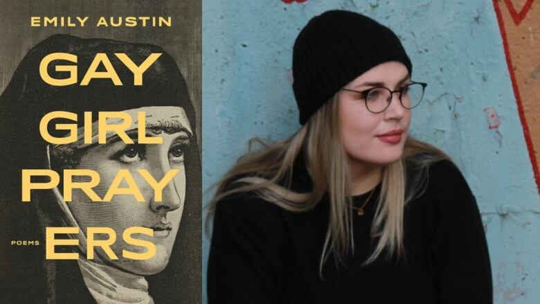 A book cover with a nun on it. A white woman with blonde hair and glasses wearing a black beanie.