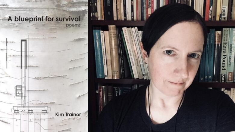 A book cover of a blueprint. A white woman with short hair in front of a bookcase. 