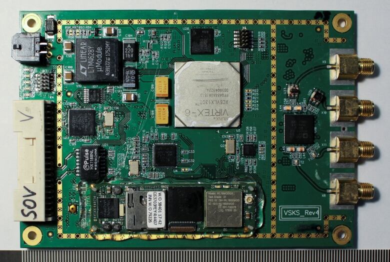 An undated handout image provided to Reuters by the Centre for Defence Reforms Ukraine shows a circuit board recovered in Ukraine from a Russian Orlan 10 drone that has been found to contain microchips from US manufacturers. 