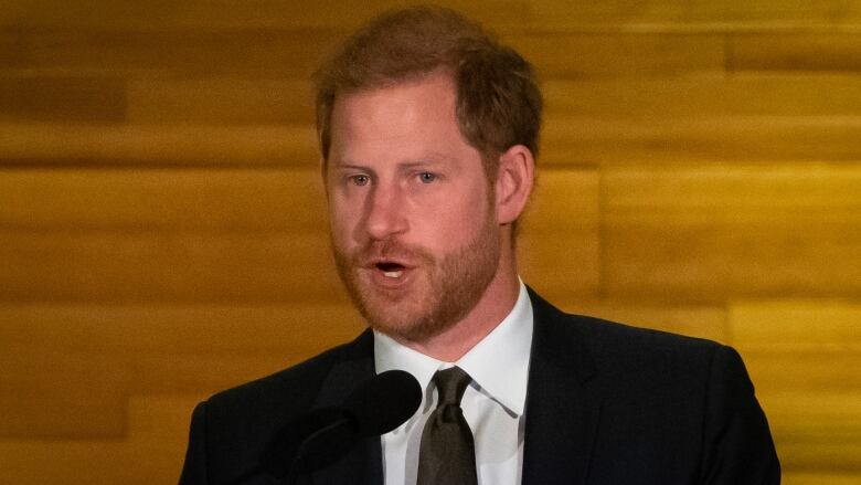 A bearded man in a dark suit and tie speaks into a microphone while standing.