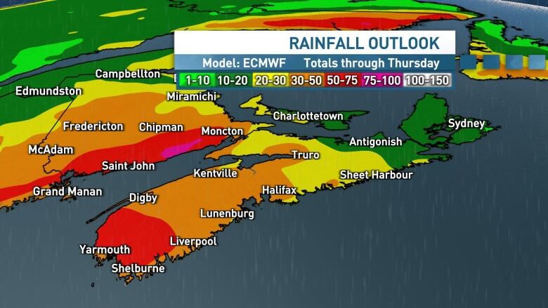 Map showing the heaviest rain is expected across western and central Nova Scotia.