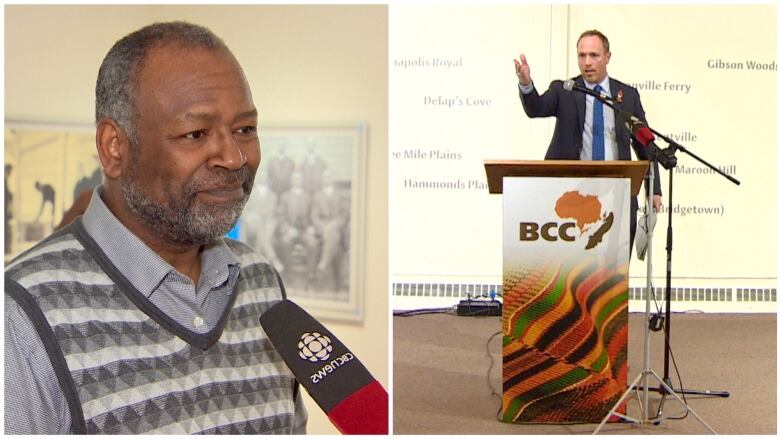 A split photo of a man talking into a microphone and another man at a podium.