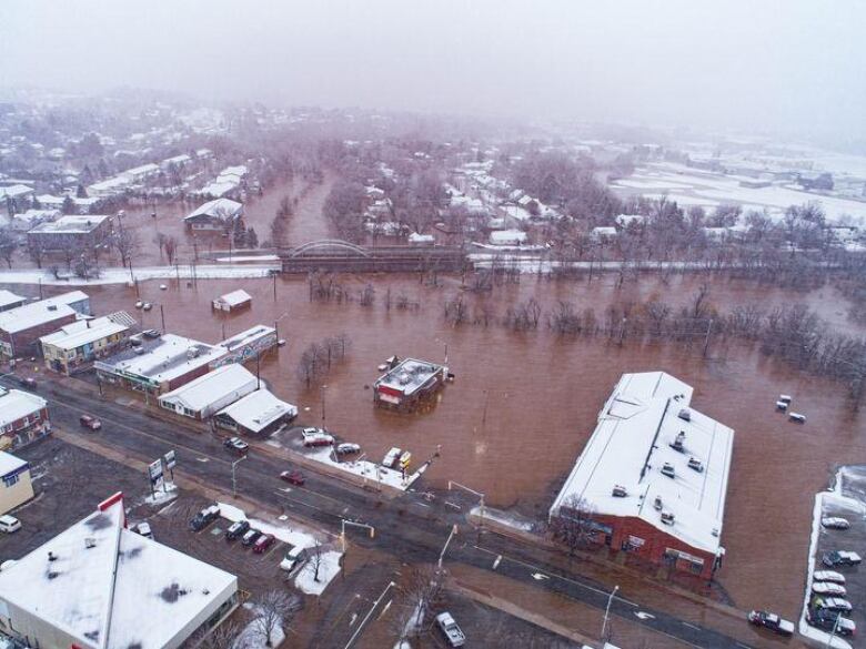 A drone image of a town with lots of flooding