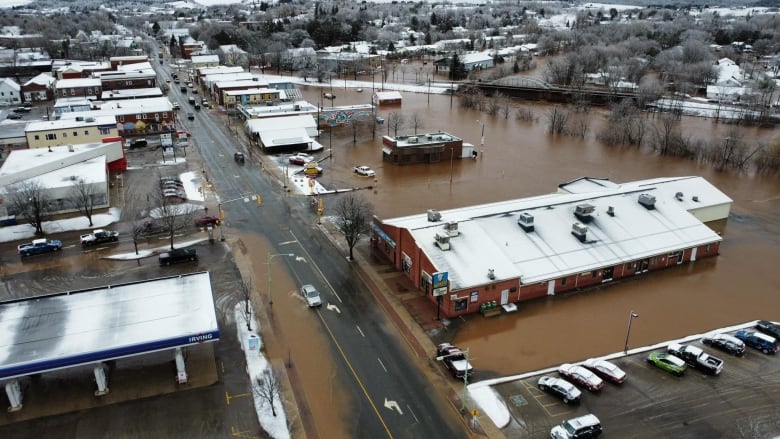 A drone shot of a flooded downtown area