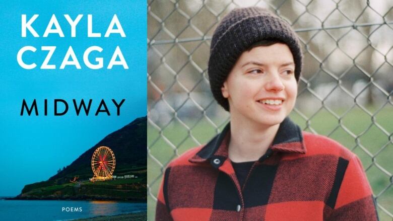 A book cover of a ferris wheel near the water. A woman wearing a beanie and a plaid shirt. 