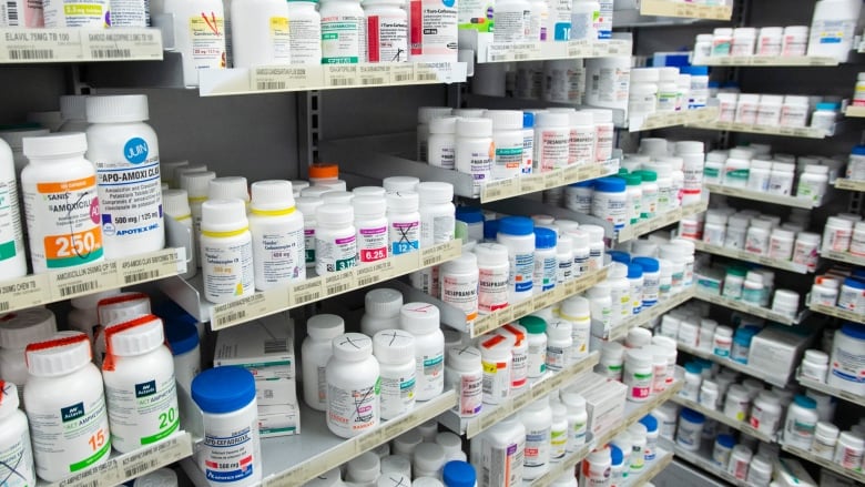 Prescription drugs are seen on shelves at a pharmacy in Montreal.