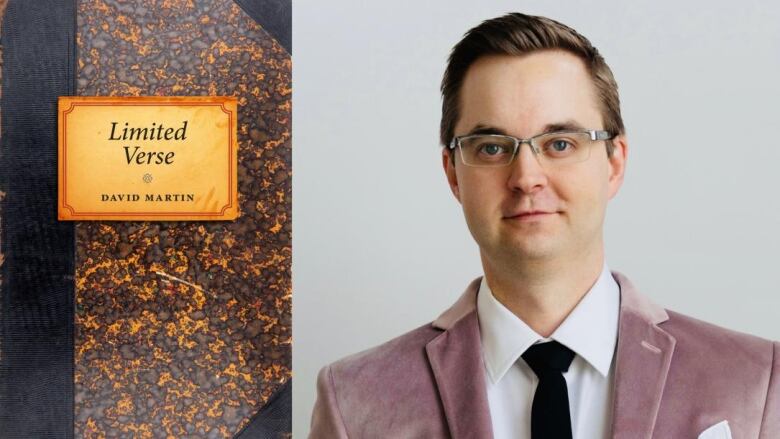 A book cover that looks like a rusting journal. A man with glasses wearing a pink velvet suit.