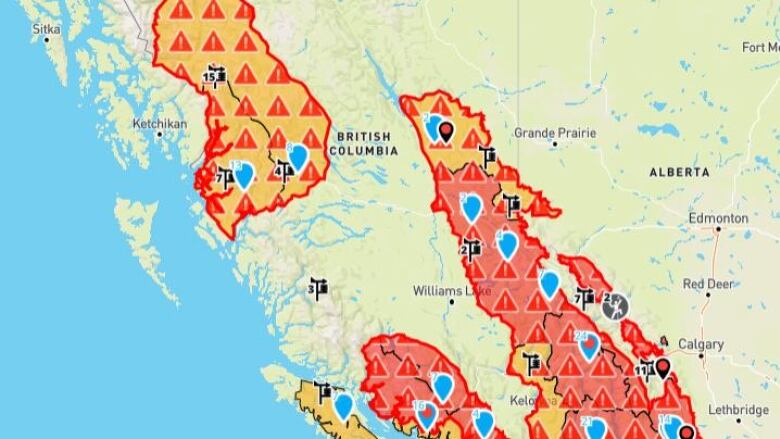 A map of B.C. covered in a mix of orange and red.