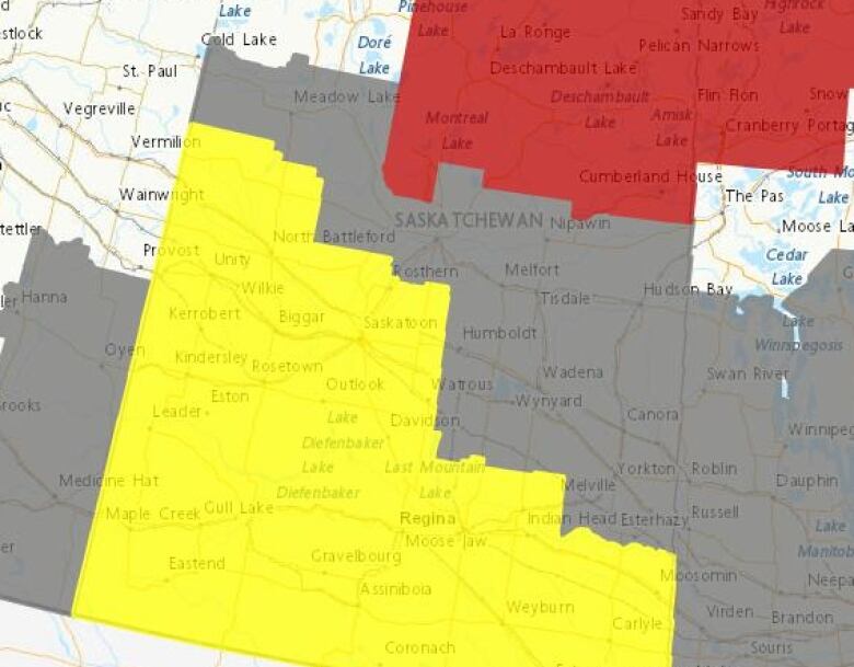 A map of southern Saskatchewan shows a bright yellow patch covering the southwest, grey above that, and red above that.