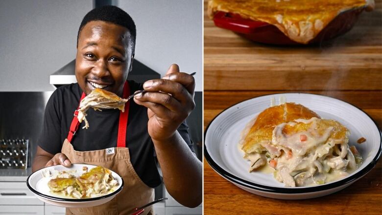 2 images side by side. Left: Chef Dwight Smith in a kitchen, facing the camera and holding a plate of chicken pot pie. He's holding a forkful of it toward the camera. Right: closeup on a plate of the chicken pot pie on a wooden table. 