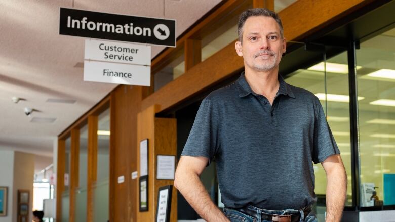 A man stands in front of a sign that says finance.