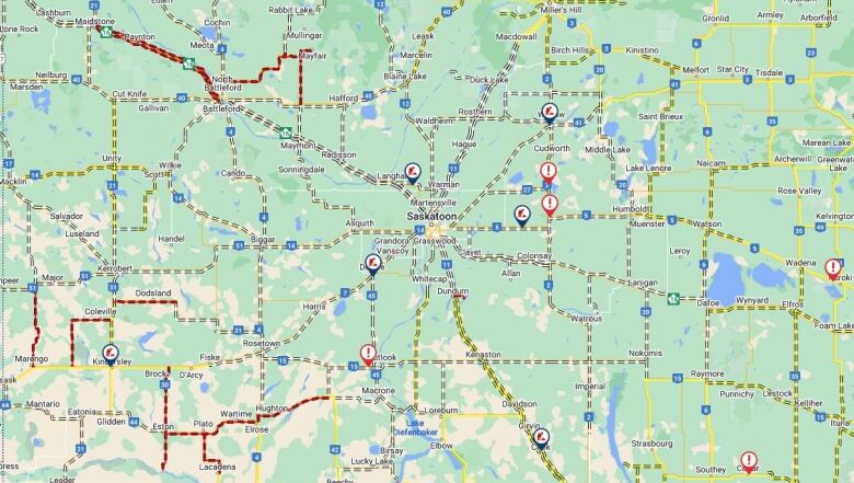 a map shows highways as white and red for closure and travel not recommended