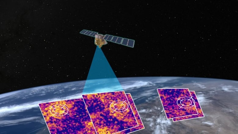 An animated rendering of a satellite hovering above the Earth. A beam shoots down as it scans for hotspots of methane, a potent greenhouse gas.