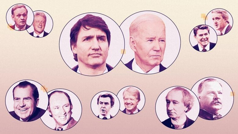 A illustration showing various president and prime minister pairs in circles.