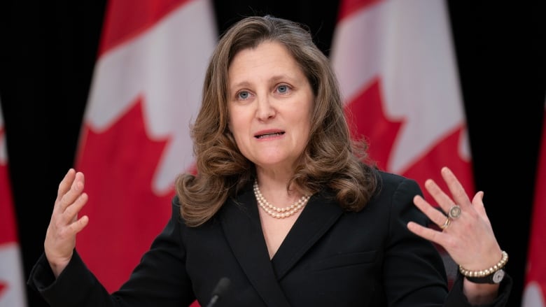 Deputy Prime Minister and Minister of Finance Chrystia Freeland responds to a question during a weekly news conference