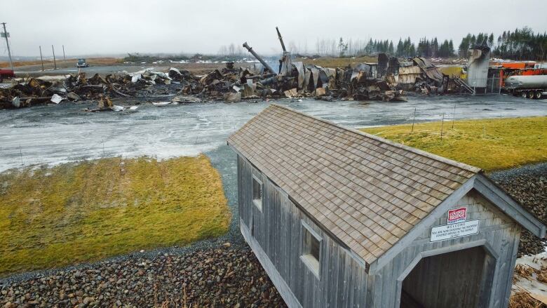 The charred remains of the Covered Bridge Potato Chips plant.