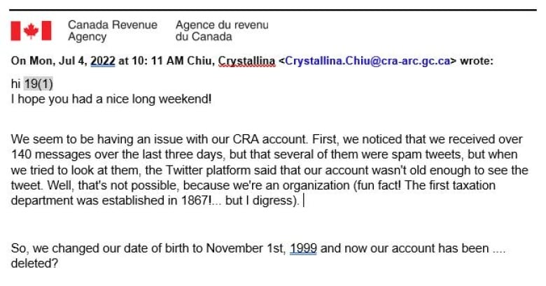 A graphic shows an email from the CRA's social media manager to Twitter after the CRA's account was suspended in July 2022.