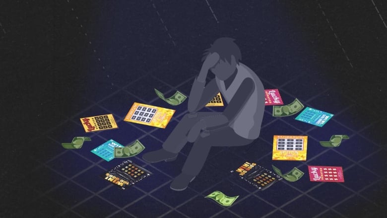 An illustration of a person surrounded by lottery tickets and cash. The person is holding their head in their hands.