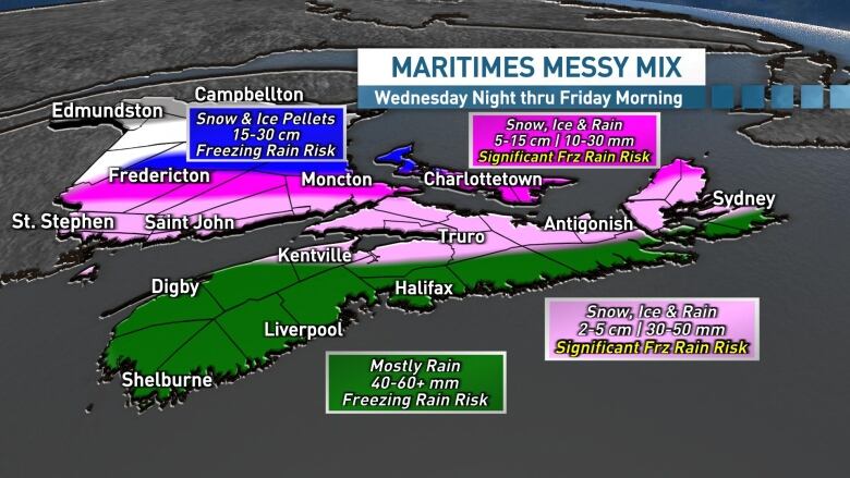 Map shows the potential for heavy rain and freezing rain in NS. 