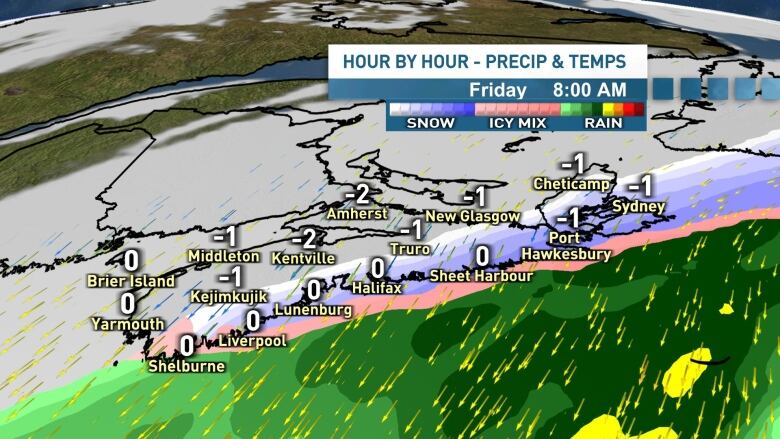 Lingering snow and ice pellets on Friday morning across southern Nova Scotia.