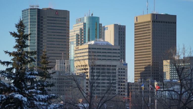 A downtown skyline of skyscrapers against a blue winter sky is seen behind a few trees in the foreground.