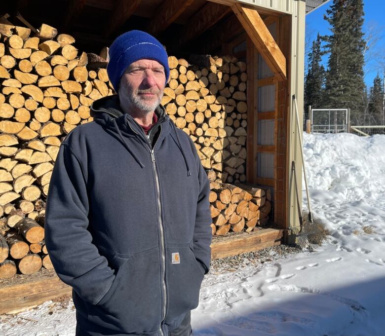 A man in a toque and heavy sweater stands in front of a woodpile. 