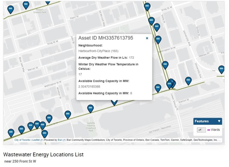 A map of the area near the CBC building with little blue markers showing local sewage resources.