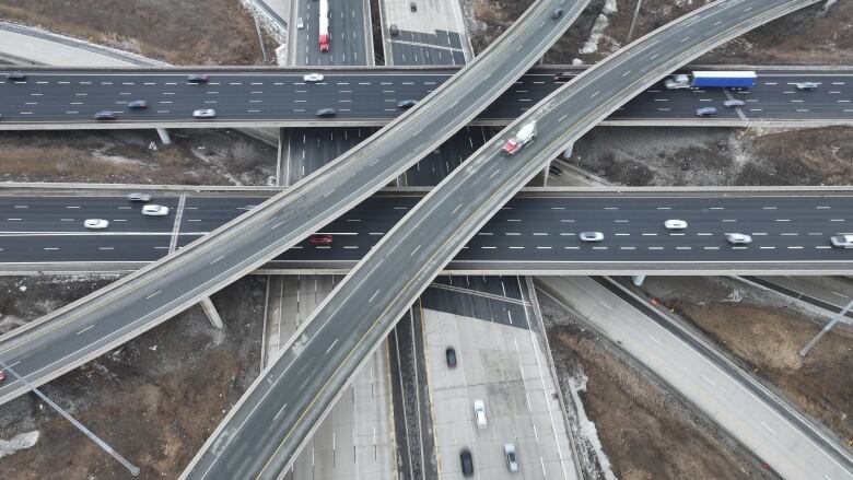 Aerial (drone) images of traffic on 407 Express Toll Route at Highway 400 in Vaughan. Shot January, 26, 2024