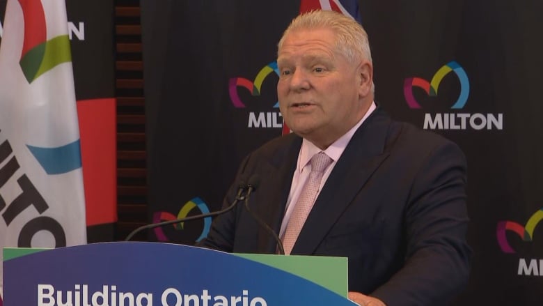 Ontario Premier Doug Ford speaks at a news conference in Milton on March 8, 2024.