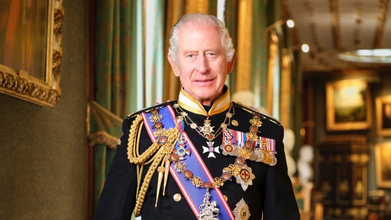 King Charles III is seen at Windsor Castle wearing a Royal Navy uniform of an Admiral of the Fleet and official medals and decorations.