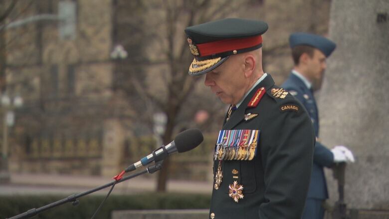 Canada's chief of the defence staff, Gen. Wayne Eyre, speaks at a ceremony at the National War Memorial in Ottawa on March 10, 2024, marking the 10th anniversary of the withdrawal of Canadian troops from Afghanistan. 