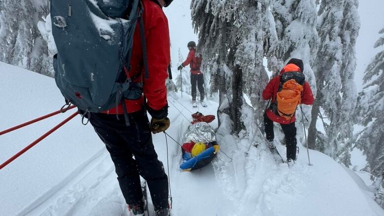 A group of rescuers are wearing bright red jackets and backpacks while on skis. Between them is a person wearing a yellow helmet and covered in foil-like material on a a sled. 