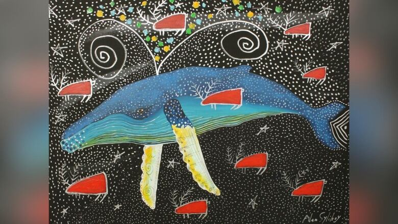 A painting of a humback whale on a dark background, surrounded by red caribou and a starry sky.