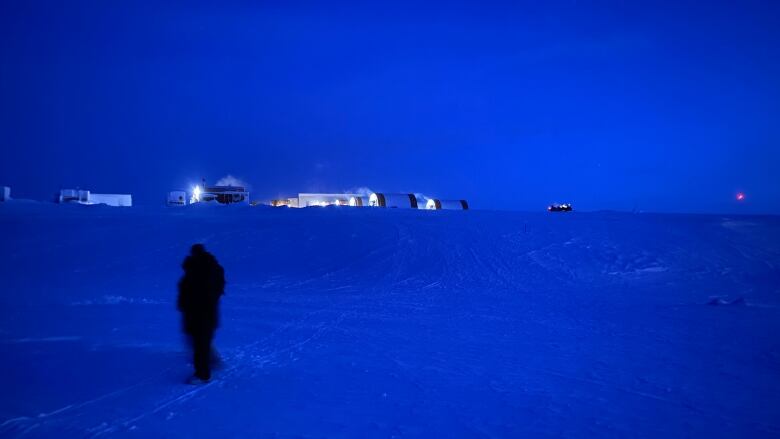 Two dark figures stand on a snowy landscape.