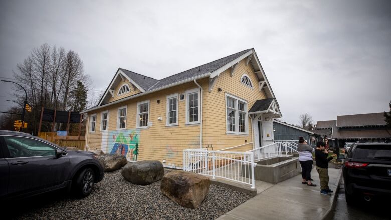 A yellow school house.