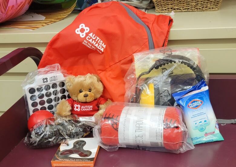 A picture of the items in the sensory kit. Has the bag with items laid outside of it. 