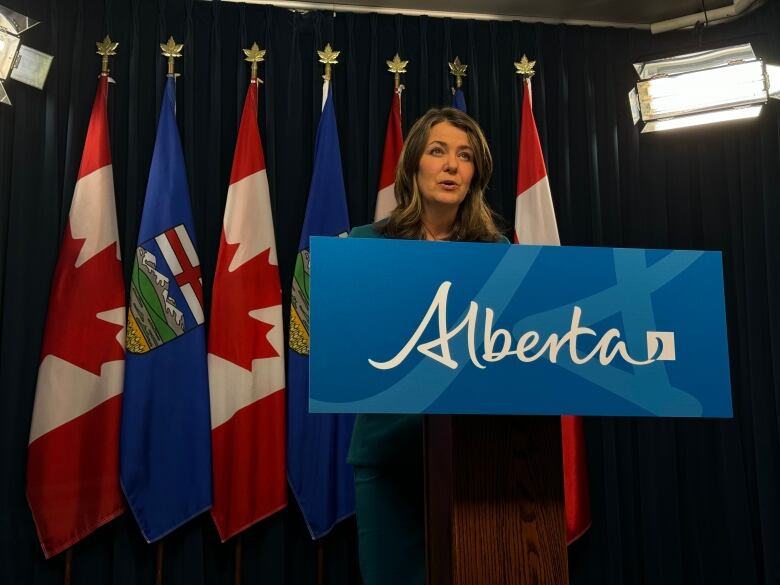 A woman with brown hair stands at a podium.